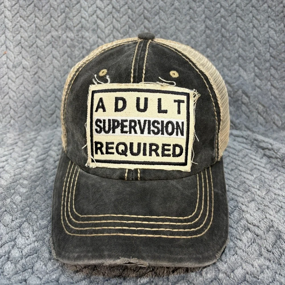 Adult Supervision Required Distressed Trucker Hat Washed Black Tan Mesh Cap